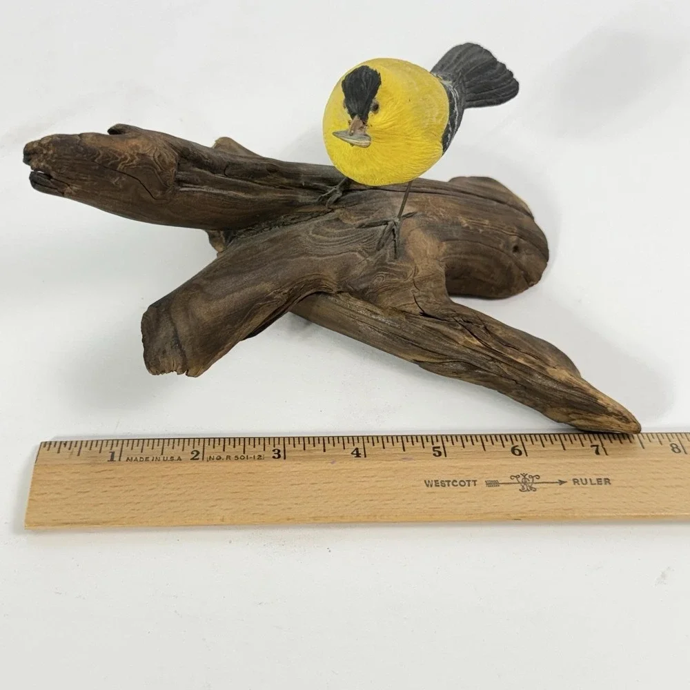 Vintage Hand Carved Wood Gold Finch Bird Figurine Driftwood Branch Signed